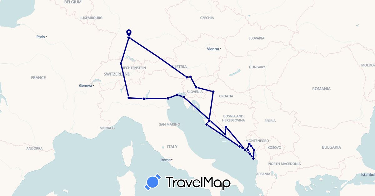 TravelMap itinerary: driving in Austria, Bosnia and Herzegovina, Switzerland, Germany, Croatia, Italy, Montenegro, Slovenia (Europe)